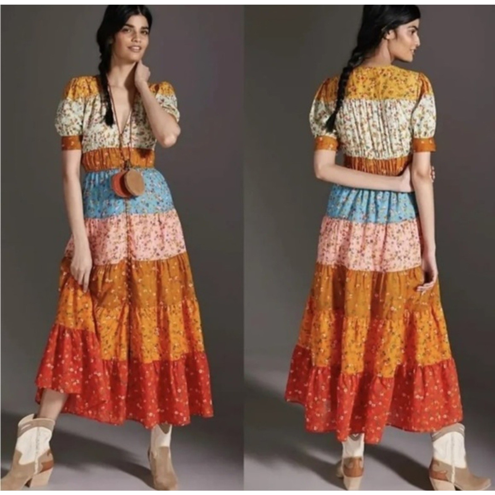 Anthropologie Tiered And True Dress Patchwork Floral Midi Dress Size Xs
